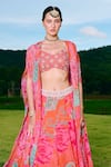 Buy_Charu And Vasundhara_Orange Organza, Taffeta Embroidery Round Neck, Square Floral Cape And Lehenga Set _Online_at_Aza_Fashions