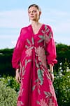 Charu And Vasundhara_Fuchsia Organza, Silk, Taffeta Applique, Fuschia Floral Long Jacket Set _Online_at_Aza_Fashions