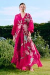 Buy_Charu And Vasundhara_Fuchsia Organza, Silk, Taffeta Applique, Fuschia Floral Long Jacket Set _Online_at_Aza_Fashions