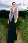 Buy_Charu And Vasundhara_Black Silk, Organza, Taffeta Embroidery V-neck Cutwork Jacket And Sharara Set _at_Aza_Fashions