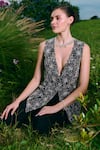 Buy_Charu And Vasundhara_Black Silk, Organza, Taffeta Embroidery V-neck Cutwork Jacket And Sharara Set _Online_at_Aza_Fashions