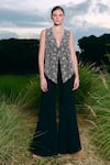 Shop_Charu And Vasundhara_Black Silk, Organza, Taffeta Embroidery V-neck Cutwork Jacket And Sharara Set _Online_at_Aza_Fashions