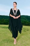 Buy_Charu And Vasundhara_Black Organza, Silk, Taffeta Embroidery Round Neck Cape Set _at_Aza_Fashions
