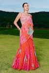 Shop_Charu And Vasundhara_Orange Organza, Silk, Taffeta Embroidery Round Point Kali Pre-draped Saree Set _Online_at_Aza_Fashions