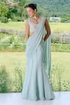 Buy_Charu And Vasundhara_Aqua Organza, Georgette, Taffeta, Silk Mirrors Round Neck Work Fishcut Saree Set _at_Aza_Fashions