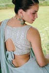 Buy_Charu And Vasundhara_Aqua Organza, Georgette, Taffeta, Silk Mirrors Round Neck Work Fishcut Saree Set _Online_at_Aza_Fashions