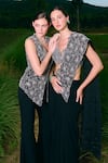 Buy_Charu And Vasundhara_Black Georgette, Silk, Taffeta Cut Work Pre-draped Saree And Blouse Set _Online_at_Aza_Fashions