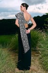 Shop_Charu And Vasundhara_Black Georgette, Silk, Taffeta Cut Work Pre-draped Saree And Blouse Set _at_Aza_Fashions
