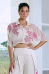 Charu And Vasundhara_Ivory Silk, Organza, Taffeta Embroidery Collared, Round Neck Applique Pant Set _Online_at_Aza_Fashions