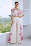 Buy_Charu And Vasundhara_Ivory Silk, Organza, Taffeta Embroidery Collared, Round Neck Applique Pant Set _at_Aza_Fashions