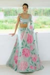 Buy_Charu And Vasundhara_Aqua Tissue, Silk, Taffeta, Net Embroidery, Applique Round Blue Lehenga Set _at_Aza_Fashions
