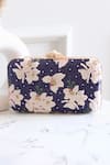 Shop_Boxwish By Bhumika_Navy Embroidery, Beads Blossom Applique Handwork Clutch Bag _at_Aza_Fashions