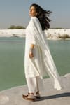 Karaj Jaipur_White Chanderi, Cotton Round Neck Chikankari Kurta Set _at_Aza_Fashions