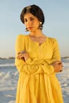 Karaj Jaipur_Yellow Cotton, Kota Doria Sequins Round Neck Mul Anarkali Set _Online_at_Aza_Fashions