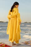 Shop_Karaj Jaipur_Yellow Cotton, Kota Doria Sequins Round Neck Mul Anarkali Set _at_Aza_Fashions