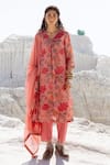 Shop_Karaj Jaipur_Pink Linen, Cotton, Kota Doria Embroidery Round Neck Rose Kurta Set _Online_at_Aza_Fashions