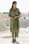 Buy_Karaj Jaipur_Green Linen, Cotton, Kota Doria V-neck Sage Kurta Set _at_Aza_Fashions