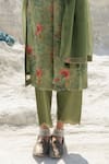 Karaj Jaipur_Green Linen, Cotton, Kota Doria V-neck Sage Kurta Set _at_Aza_Fashions