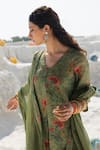 Shop_Karaj Jaipur_Green Linen, Cotton, Kota Doria V-neck Sage Kurta Set 