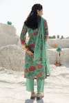 Shop_Karaj Jaipur_Turquoise Linen, Cotton, Kota Doria Embroidery Round Neck Blue Kurta Set _at_Aza_Fashions