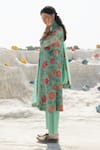 Buy_Karaj Jaipur_Turquoise Linen, Cotton, Kota Doria Embroidery Round Neck Blue Kurta Set _Online_at_Aza_Fashions