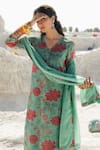 Shop_Karaj Jaipur_Turquoise Linen, Cotton, Kota Doria Embroidery Round Neck Blue Kurta Set _Online_at_Aza_Fashions