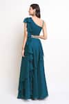 Shop_Samyukta Singhania_Blue Satin Embroidery, Sequins, Beads Asymmetric Pre-draped Saree With Blouse _at_Aza_Fashions