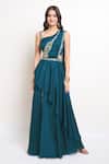 Buy_Samyukta Singhania_Blue Satin Embroidery, Sequins, Beads Asymmetric Pre-draped Saree With Blouse _at_Aza_Fashions