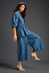 Deepika Arora_Blue Cotton Embroidery Mandarin Collar Designer Shirt And Pant Set _at_Aza_Fashions