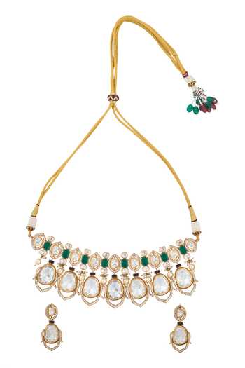 Shop_Nazaakat By Samara Singh_Blue Zari Kundan And Green Necklace Set _at_Aza_Fashions