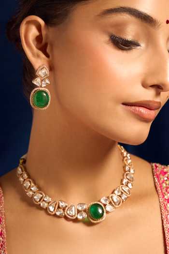 Buy_Nazaakat By Samara Singh_Green Zari Kundan Necklace And Earring Set _Online_at_Aza_Fashions