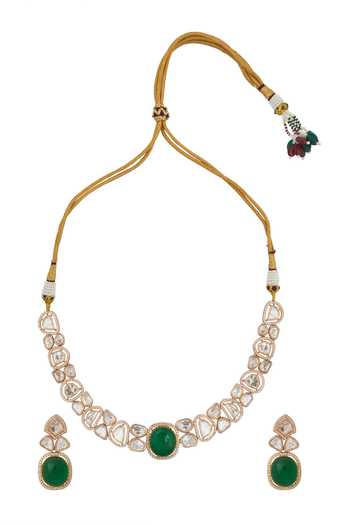 Shop_Nazaakat By Samara Singh_Green Zari Kundan Necklace And Earring Set _at_Aza_Fashions