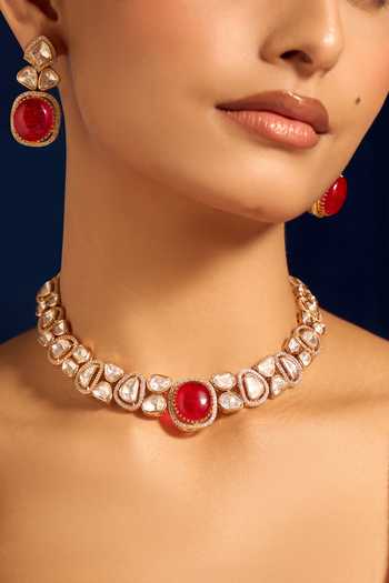 Buy_Nazaakat By Samara Singh_Red Zari Ruby Kundan Necklace And Earring Set _Online_at_Aza_Fashions