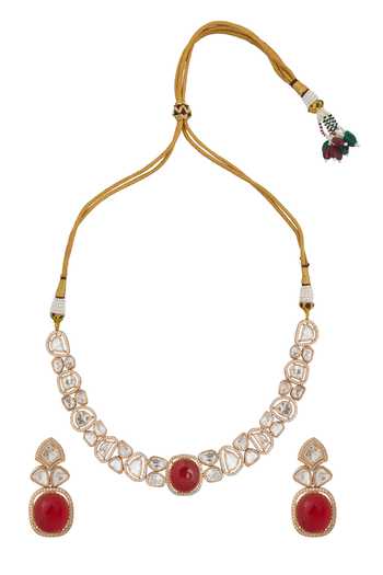 Shop_Nazaakat By Samara Singh_Red Zari Ruby Kundan Necklace And Earring Set _at_Aza_Fashions