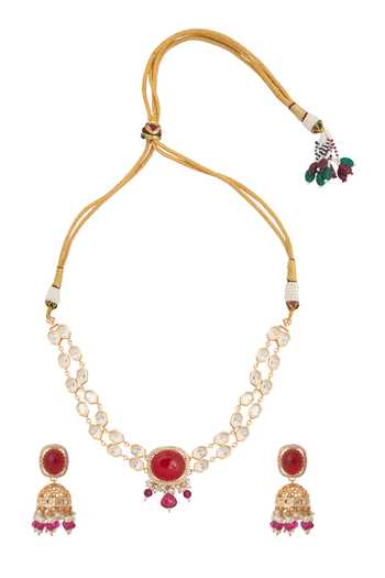 Shop_Nazaakat By Samara Singh_Red Zari Ruby Kundan Necklace And Earring Set _at_Aza_Fashions