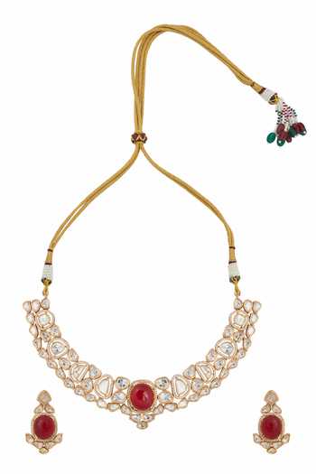 Shop_Nazaakat By Samara Singh_Red Zari Ruby Kundan Necklace And Earrings Set _at_Aza_Fashions