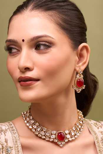 Buy_Nazaakat By Samara Singh_Red Zari Ruby Kundan Necklace And Earrings Set _at_Aza_Fashions