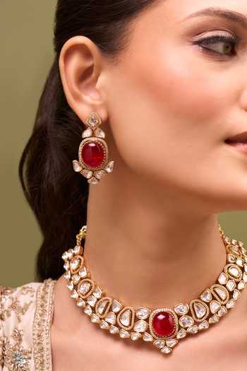 Buy_Nazaakat By Samara Singh_Red Zari Ruby Kundan Necklace And Earrings Set 