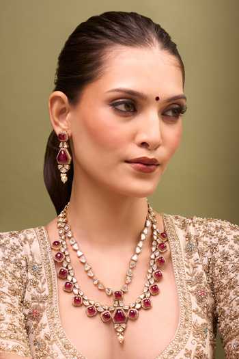 Buy_Nazaakat By Samara Singh_Pink Kundan Rani Necklace And Earring Set _at_Aza_Fashions