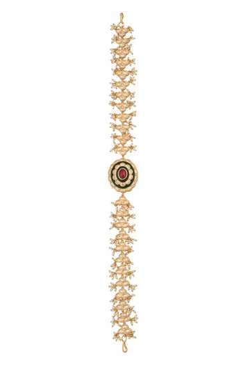 Shop_Nazaakat By Samara Singh_Pink Kundan Work Ruby And Green Mathapatti _at_Aza_Fashions