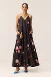 Buy_Kharakapas_Charcoal Cotton V-neck Floral Maxi Dress _Online_at_Aza_Fashions