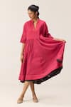 Buy_Kharakapas_Pink Cotton Split V-neck Berry Beam Dress _at_Aza_Fashions
