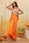 B'Infinite_Orange Organza Round , Open Sunset Botanical Embellished Set _Online_at_Aza_Fashions