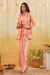 B'Infinite_Peach Organza Embroidery Round Neck Sorbet Embellished Three-piece Set _Online_at_Aza_Fashions