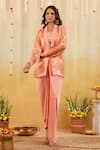 B'Infinite_Peach Organza Embroidery Round Neck Sorbet Embellished Three-piece Set _at_Aza_Fashions
