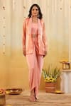 Buy_B'Infinite_Peach Organza Embroidery Round Neck Sorbet Embellished Three-piece Set _at_Aza_Fashions