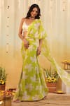 Buy_B'Infinite_Green Satin V-neck Lime Tropical Embellished Draped Saree With Blouse _Online_at_Aza_Fashions