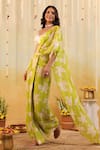 Shop_B'Infinite_Green Satin V-neck Lime Tropical Embellished Draped Saree With Blouse _Online_at_Aza_Fashions