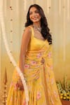 B'Infinite_Yellow Satin Round Neck Sunlit Garden Embellished Draped Saree With Blouse _Online_at_Aza_Fashions