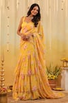 Buy_B'Infinite_Yellow Satin Round Neck Sunlit Garden Embellished Draped Saree With Blouse _Online_at_Aza_Fashions